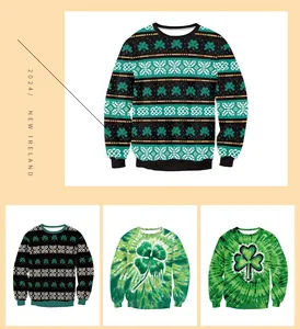 Detail view of St. Patrick’s Day sweatshirts with green tie-dye and shamrock prints