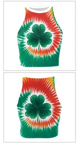 Front and back view of St. Patrick's Day tie-dye crop top with green shamrock print