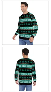 Detail of St. Patrick's Day sweatshirt featuring green shamrocks and orange stripes patterns