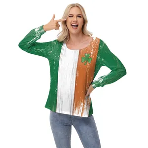 Women's St. Patrick's Day long sleeve top with Irish flag stripes and shamrock print