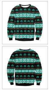 Detailed front and back view of a green St. Patrick's Day clover pattern sweatshirt