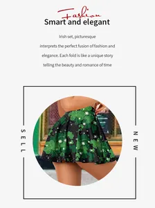 Close-up of women's black mini skirt with green shamrock pattern for St. Patrick's Day