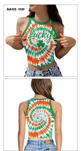Detailed views of St. Patrick’s Day tie-dye crop top with Lucky clover print