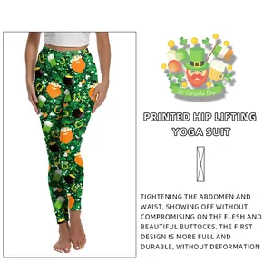 Detail of high waist St. Patrick's Day yoga leggings with shamrock and leprechaun print