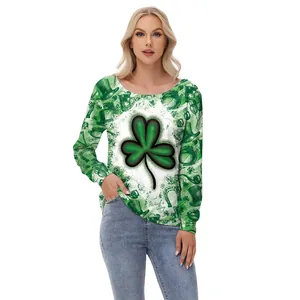 Women's St. Patrick's Day off-shoulder long sleeve top with green shamrock prints