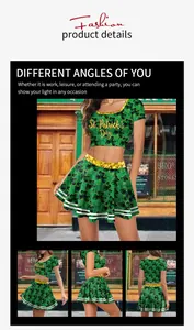 Detail of St. Patrick's Day set featuring green plaid, clover prints and golden sequins