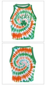 Front and back view of St. Patrick's Day tie-dye crop top with Lucky clover print