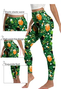 Detail of St. Patrick's Day high-waist yoga leggings with Irish shamrock digital print