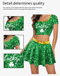 Close-up of green sequin Lucky clover crop top and pleated mini skirt set detail