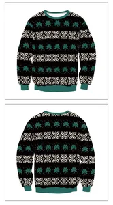 Detail of St. Patrick's Day sweatshirt featuring green shamrock prints and Nordic patterns