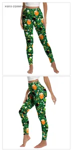Close-up of St. Patrick's Day leggings featuring green leprechaun and shamrock digital prints