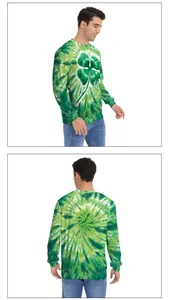 Front and back view of green tie-dye St. Patrick's Day sweatshirt with clover graphic