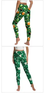 Macro detail of St. Patrick's Day leggings showing shamrock and leprechaun digital prints