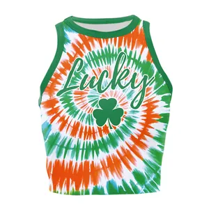 Women St Patrick's Day Crop Top Sexy Tie Dye Shamrock Print Tank Top Sleeveless Round Neck Slim Fit Festive Party Vest