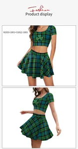 Detail of St. Patrick's Day plaid skirt set with Lucky clover print and pleated hem