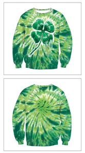 Front and back view of green tie-dye sweatshirt with liquid clover graphic design