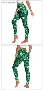 Detail view of high waist yoga leggings with green shamrock pattern for Saint Patrick's Day