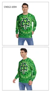 Detail of green tie-dye sweatshirt featuring shamrock print for St. Patrick's Day