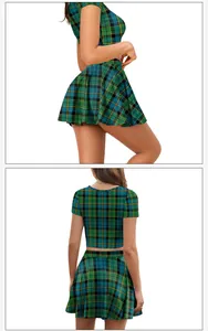 Detail view showing side and back of a green plaid crop top and A-line skirt set