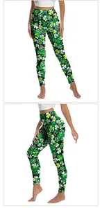 Macro detail of St. Patrick's Day yoga leggings with green shamrock and horseshoe print