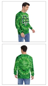 Front and back views of a green tie-dye St. Patrick's Day sweatshirt with shamrock print