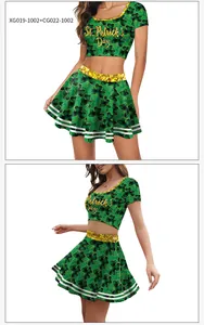 Front view of St. Patrick’s Day outfit with clover pattern and gold sequin trim