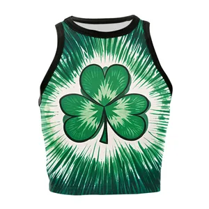 Women's St. Patrick's Day green shamrock tie-dye print sleeveless crop top vest