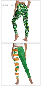 Detail of St. Patrick's Day yoga leggings with green clover and stripe patterns