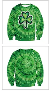 Front and back view of green tie-dye St. Patrick's Day sweatshirt with clover print