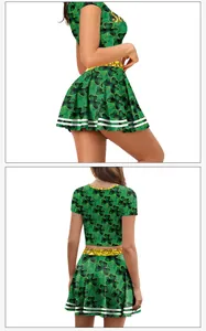 Detail of St. Patrick's Day outfit with shamrock print and gold sequin waistband