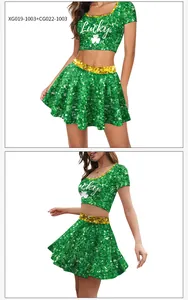 Detail of green sequin crop top with Lucky slogan and matching flared mini skirt