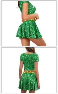 Close-up of green sequin two-piece set with gold waist detail for St. Patrick's Day
