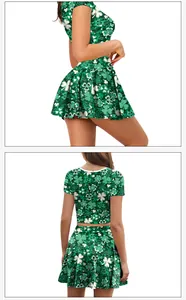 Side and back view of women's St. Patrick's Day green shamrock crop top and pleated skirt