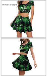 Detail of St. Patrick's Day crop top and clover skirt set with Lucky print detail