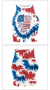 Detail of red white and blue tie-dye crop top with 4th of July graphic and fireworks