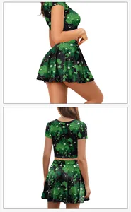 Detail of St. Patrick's Day outfit showing side and back view of clover print skirt set