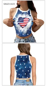 Close-up of women's ribbed tank top featuring patriotic heart flag and star print