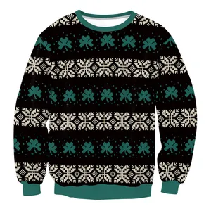 Saint Patrick's Day green clover and snowflake print crewneck sweatshirt in black