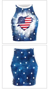 Front and back view of USA flag heart print tie-dye sleeveless crop top for women