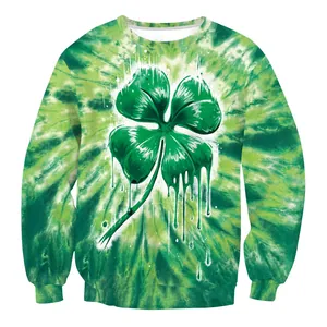 Green tie-dye St. Patrick's Day sweatshirt with a large artistic clover print on the front