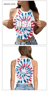 Front and back views of a USA tie-dye crop tank top in red white and blue patterns
