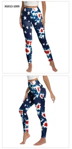 Detailansicht der High Waist Yoga Leggings mit US-Flaggensternmuster und rotem Tie-Dye Design