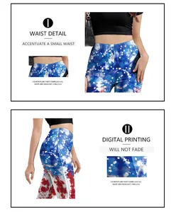 Detail showing high waist elastic band and star print on flared pants fabric