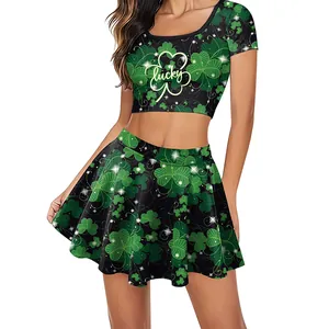 St Patrick Day Women Top And Pleated Mini Skirt Green Shamrock Plaid Lucky Print Festive Party Celebration Clothing Outfit