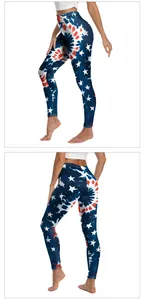 Detailansicht der High-Waist Yogahose mit US-Flaggen-Design und rotem blauem Batik-Muster