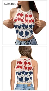 Detailed front and back views of white crop top with red and blue tie-dye hearts