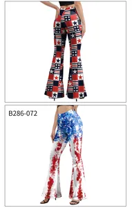 Detail of high-waisted bell-bottoms featuring American flag stars and tie-dye patterns