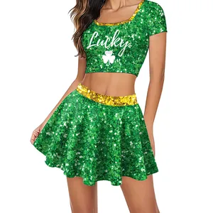 St. Patrick's Day green sequin crop top and mini skirt set with Lucky clover print