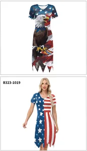 Detail van jurk met Amerikaanse vlag print, V-hals en een unieke gekartelde zoom