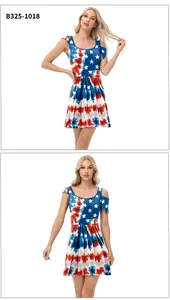 Detail of summer mini dress with tie-dye American flag print and cold shoulder cut-out